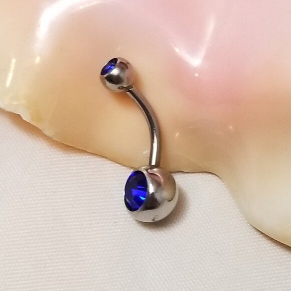 14G BLUE Surgical Steel belly ring with CZ gems 10mm 3/8 standard piercings NWT - Picture 2 of 2